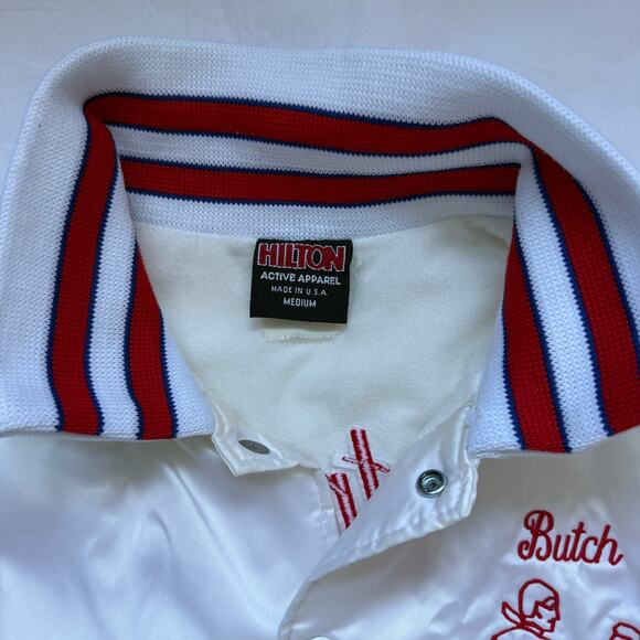 Vintage Silky Square Dance Bomber Jacket w/ snap front, M, White w/ Red/Blue - Picture 2 of 4